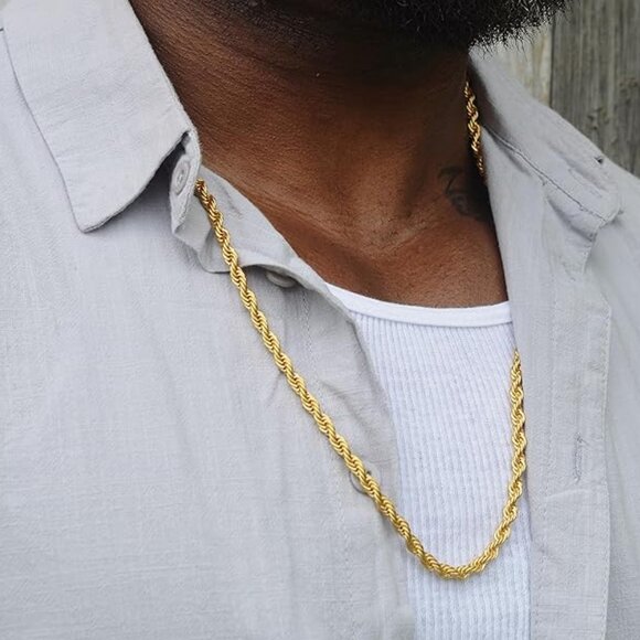 18k Real Gold Plated Rope Chain 3mm Stainless Steel Twist Chain Necklace for Men - Picture 1 of 4